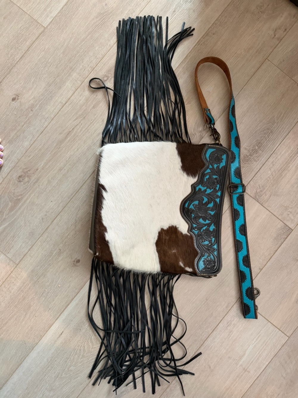 Myra Bag Brown and White Cowhide Crossbody with Turquoise Tooled Accents